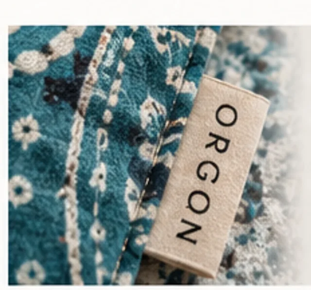 Blau gemusterte Orgondecke mit eingenähtem ORGON-Label.