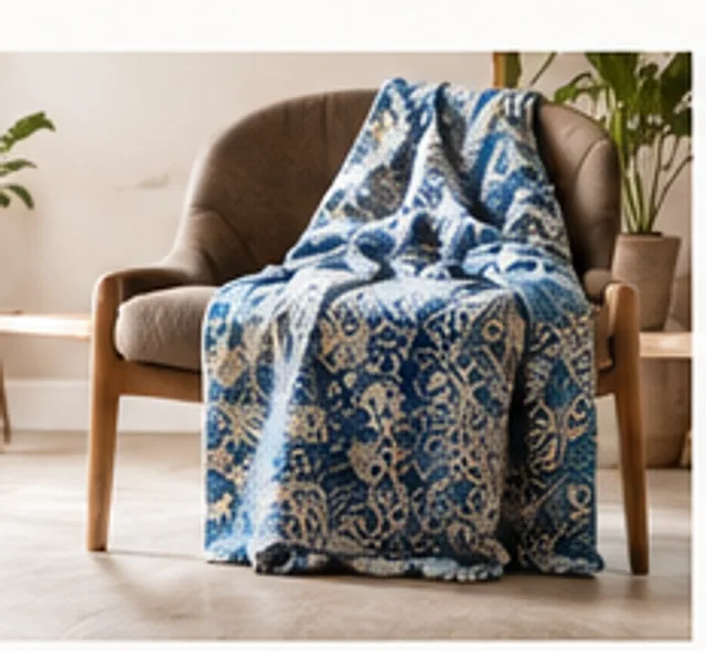 Sessel mit locker darübergelegter, blau gemusterter Orgondecke.